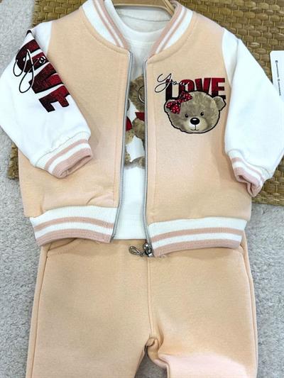 Love Ayıcık Baskılı 3ip Şardonlu Ceketli Kız Bebek 3lü Takım (9-12/12-18/18-24 Ay)
