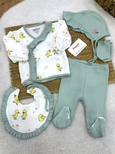 Mercan Ördek Çiçek Baskılı Yenidoğan Kız Bebek 5li Zıbın Set