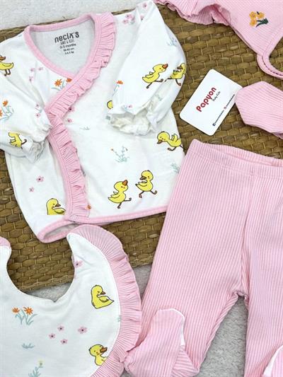 Mercan Ördek Çiçek Baskılı Yenidoğan Kız Bebek 5li Zıbın Set