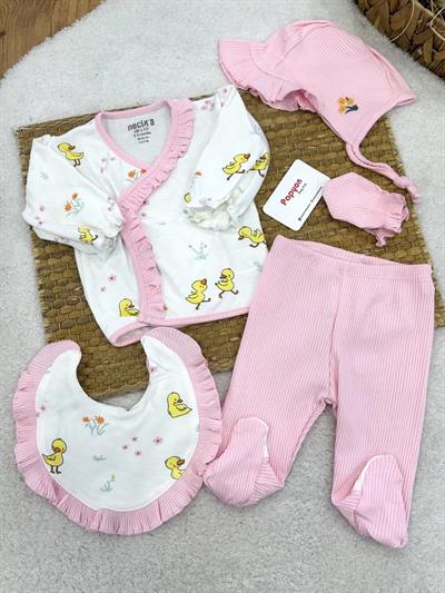 Mercan Ördek Çiçek Baskılı Yenidoğan Kız Bebek 5li Zıbın Set
