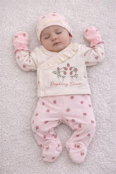 Minik Ahududu Desenli Yenidoğan Kız Bebek 5li Zıbın Set