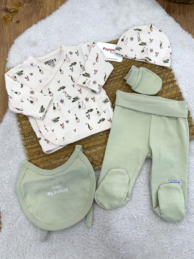 Ördek Baskılı Yenidoğan Erkek Bebek 5li Zıbın Set