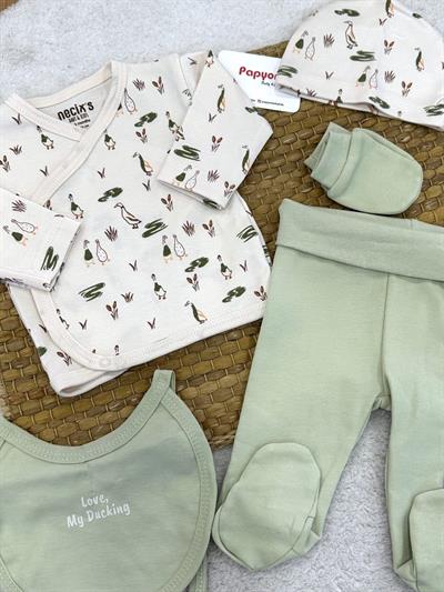 Ördek Baskılı Yenidoğan Erkek Bebek 5li Zıbın Set