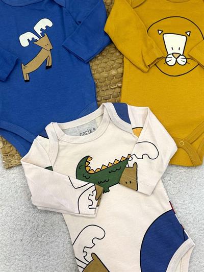 Painted Hayvan Baskılı Erkek Bebek Uzun Kollu 3lü Çıtçıtlı Badi (0-3/3-6 Ay)