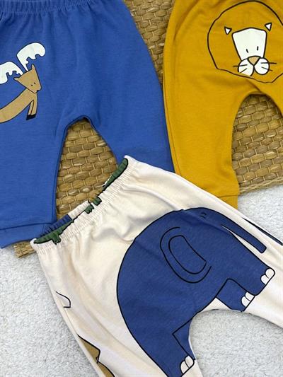 Painted Hayvan Baskılı Erkek Bebek Manşetli 3lü Pantolon Alt (0-3/3-6 Ay)