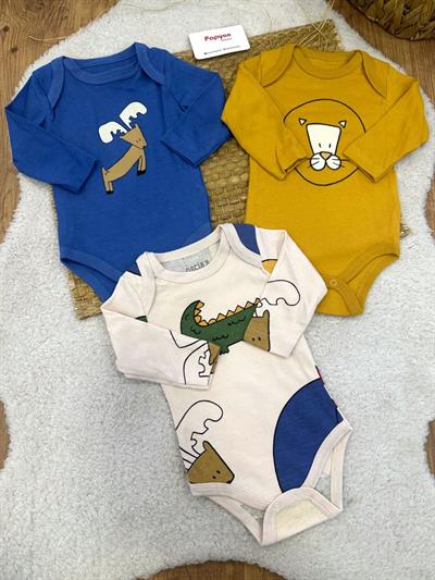 Painted Hayvan Baskılı Erkek Bebek Uzun Kollu 3lü Çıtçıtlı Badi (0-3/3-6 Ay)