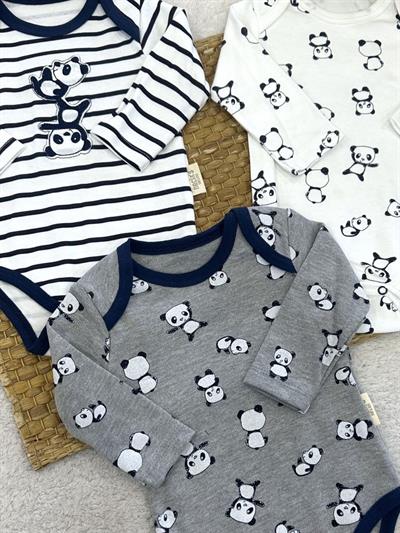 Panda Baskılı Çizgili Uniseks Bebek Uzun Kollu 3lü Çıtçıtlı Badi (0-3/3-6/6-9 Ay)