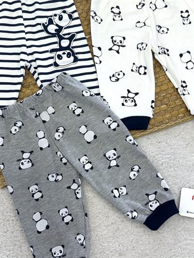 Panda Baskılı Çizgili Uniseks Bebek 3lü Manşetli Alt Pantolon (0-3/3-6/6-9 Ay)