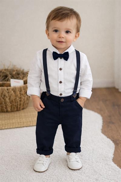 Papyonlu Gömlekli Askılı Pantolonlu Erkek Bebek Takım (6-9/9-12/12-18/18-24 Ay)