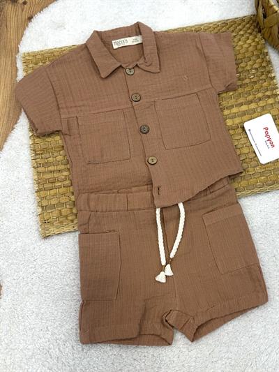 Roma Cepli Gömlekli Şortlu Erkek Bebek Müslin Takım (6-9/9-12/12-18/18-24 Ay)