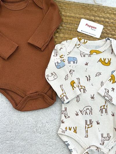 Safari Model Fitilli Uzun Kollu Erkek Bebek 2li Çıtçıtlı Badi (3-6/6-9/9-12 Ay)