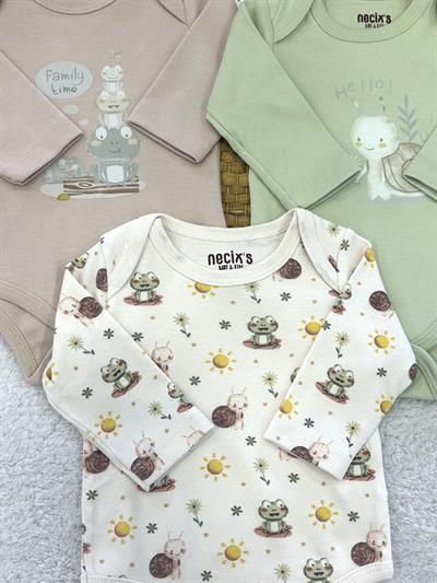 Salyangoz Kurbağa Baskılı Erkek Bebek 3lü Uzun Kollu Çıtçıtlı Badi (0-3/3-6 Ay)