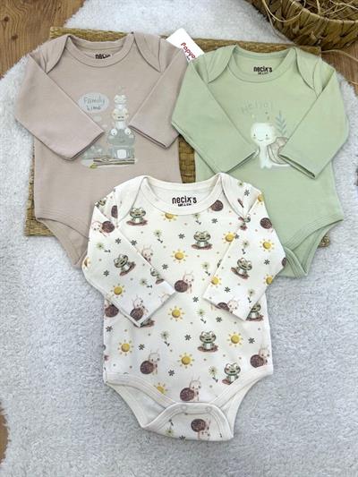 Salyangoz Kurbağa Baskılı Erkek Bebek 3lü Uzun Kollu Çıtçıtlı Badi (0-3/3-6 Ay)