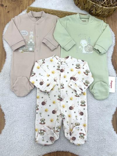 Salyangoz Kurbağa Baskılı Erkek Bebek 3lü Patikli Tulum (0-3/3-6 Ay)