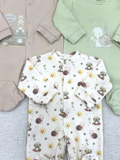 Salyangoz Kurbağa Baskılı Erkek Bebek 3lü Patikli Tulum (0-3/3-6 Ay)