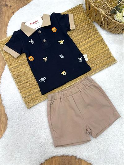 Sevimli Hayvanlar Nakışlı Polo Yaka Tişört Şort Erkek Bebek Takım (6-9/9-12/12-18/18-24 Ay)