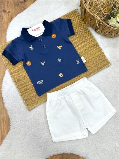 Sevimli Hayvanlar Nakışlı Polo Yaka Tişört Şort Erkek Bebek Takım (6-9/9-12/12-18/18-24 Ay)