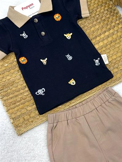 Sevimli Hayvanlar Nakışlı Polo Yaka Tişört Şort Erkek Bebek Takım (6-9/9-12/12-18/18-24 Ay)