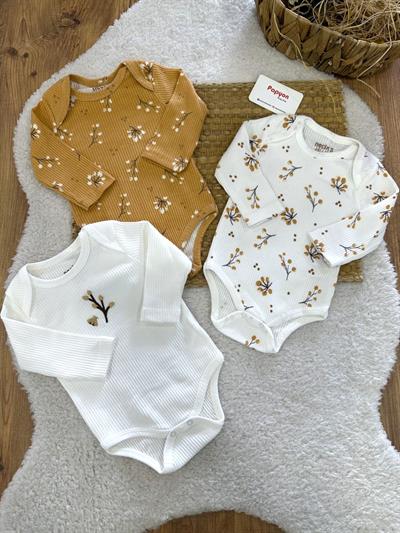 Sonbahar Desenli Fitilli Kız Bebek Uzun Kollu 3lü Çıtçıtlı Badi (0-3/3-6 Ay)