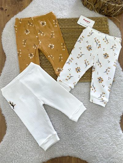 Sonbahar Desenli Fitilli Kız Bebek Manşetli 3lü Alt Pantolon (0-3/3-6 Ay)