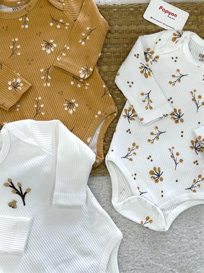 Sonbahar Desenli Fitilli Kız Bebek Uzun Kollu 3lü Çıtçıtlı Badi (0-3/3-6 Ay)