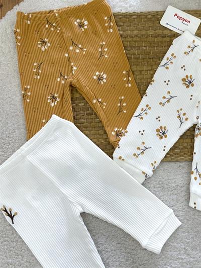 Sonbahar Desenli Fitilli Kız Bebek Manşetli 3lü Alt Pantolon (0-3/3-6 Ay)