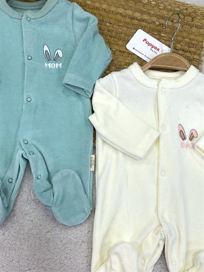 Tavşan Kulak Mom Dad Nakışlı Kadife 2li Patikli Kız Bebek Tulum (0-3/3-6 Ay)