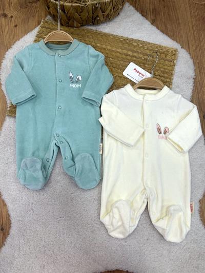 Tavşan Kulak Mom Dad Nakışlı Kadife 2li Patikli Kız Bebek Tulum (0-3/3-6 Ay)