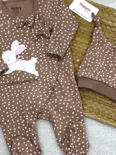 Tavşan Puan Baskılı Kız Bebek Bereli Soft Tulum (0-3/3-6 Ay)