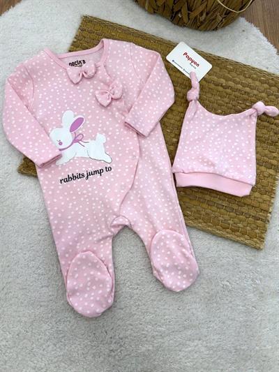 Tavşan Puan Baskılı Kız Bebek Bereli Soft Tulum (0-3/3-6 Ay)