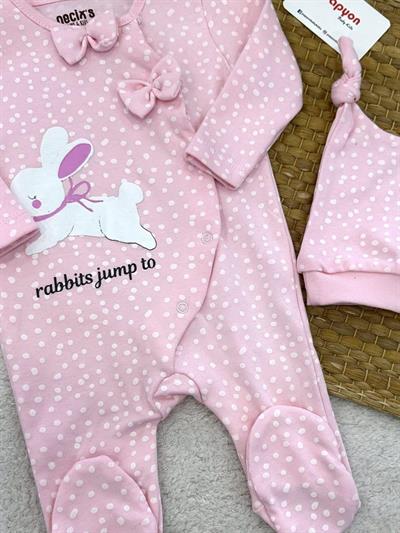 Tavşan Puan Baskılı Kız Bebek Bereli Soft Tulum (0-3/3-6 Ay)