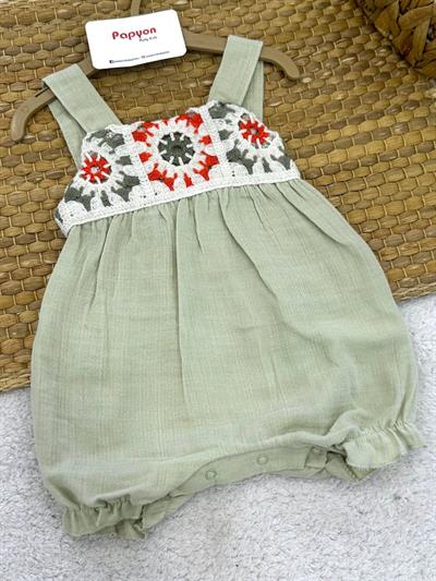 Tığ İşi Motifli Natural Kız Bebek Müslin Askılı Şort Tulum (3-6/6-9/9-12 Ay)