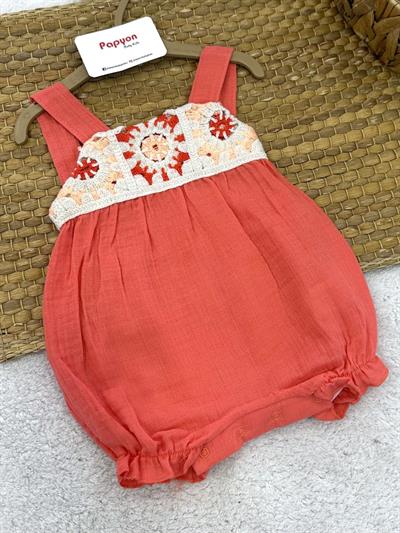 Tığ İşi Motifli Natural Kız Bebek Müslin Askılı Şort Tulum (3-6/6-9/9-12 Ay)
