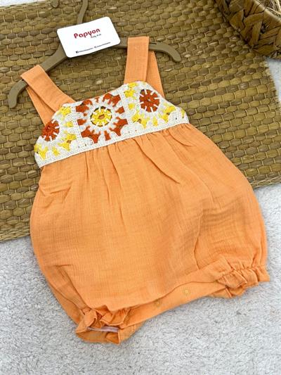 Tığ İşi Motifli Natural Kız Bebek Müslin Askılı Şort Tulum (3-6/6-9/9-12 Ay)