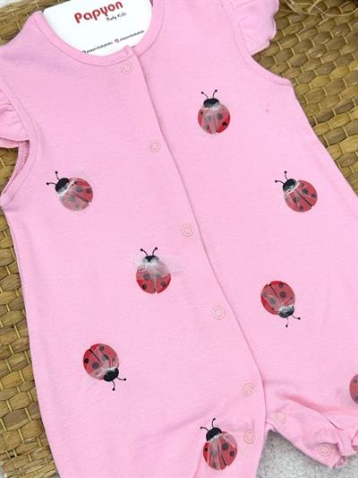 Uğur Böceği Desenli Kolları Fırfırlı Kız Bebek Yazlık Tulum (3-6/6-9/9-12 Ay)