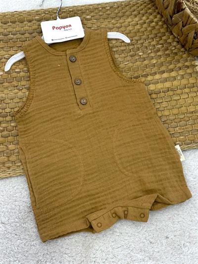 Viyana Yarım Patlı Düğmeli Cepli Erkek Bebek Müslin Şort Tulum (3-6/6-9/9-12 Ay)