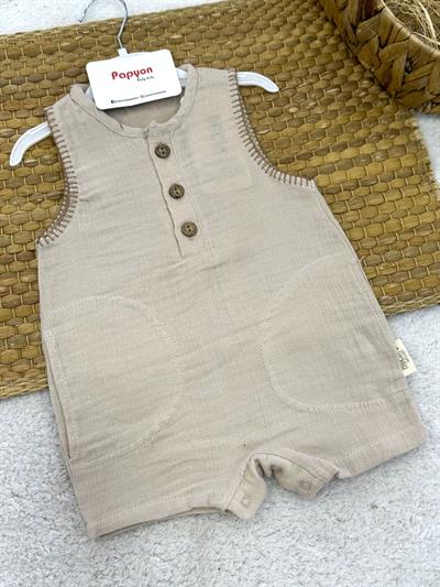 Viyana Yarım Patlı Düğmeli Cepli Erkek Bebek Müslin Şort Tulum (3-6/6-9/9-12 Ay)