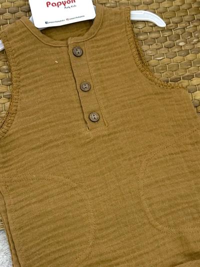 Viyana Yarım Patlı Düğmeli Cepli Erkek Bebek Müslin Şort Tulum (3-6/6-9/9-12 Ay)