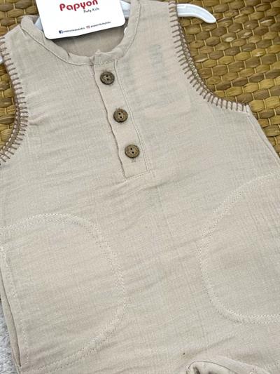 Viyana Yarım Patlı Düğmeli Cepli Erkek Bebek Müslin Şort Tulum (3-6/6-9/9-12 Ay)