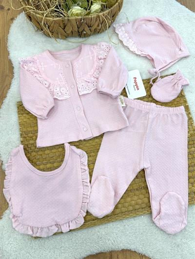 Yalinga Güpürlü Yenidoğan Kız Bebek 5li Zıbın Set Hastane Çıkışı