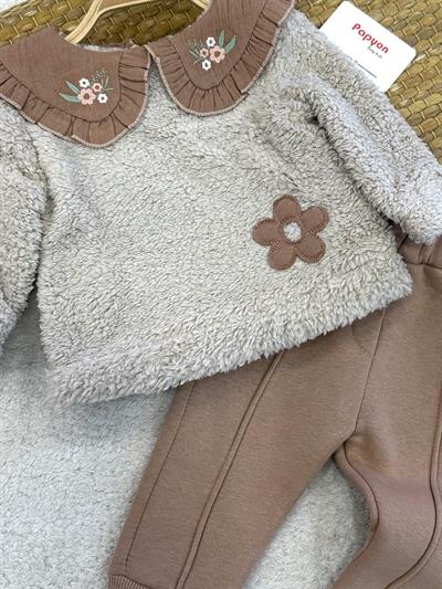 Yamalı Çiçek Yakalı Welsoft Sweatshirt Kız Bebek 2li Takım (6-9/9-12/12-18/18-24 Ay)