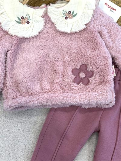 Yamalı Çiçek Yakalı Welsoft Sweatshirt Kız Bebek 2li Takım (6-9/9-12/12-18/18-24 Ay)