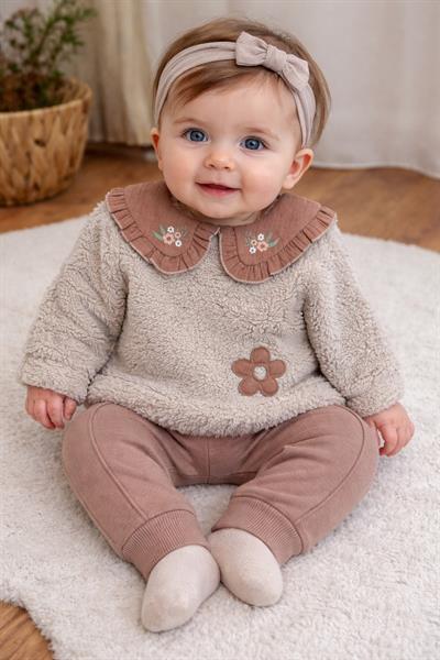 Yamalı Çiçek Yakalı Welsoft Sweatshirt Kız Bebek 2li Takım (6-9/9-12/12-18/18-24 Ay)