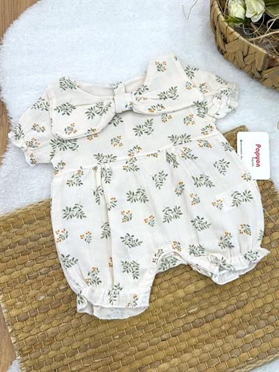 Yaprak Desenli Fiyonk Yakalı Kız Bebek Müslin Tulum (3-6/6-9/9-12 Ay)