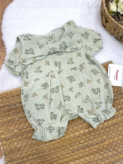 Yaprak Desenli Fiyonk Yakalı Kız Bebek Müslin Tulum (3-6/6-9/9-12 Ay)