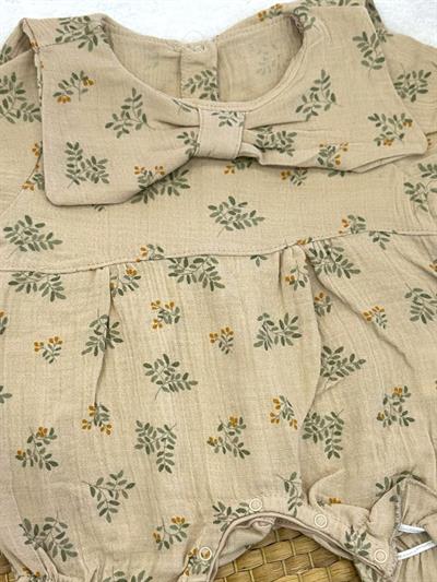 Yaprak Desenli Fiyonk Yakalı Kız Bebek Müslin Tulum (3-6/6-9/9-12 Ay)