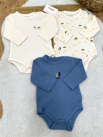 Yelkenli Desenli Waffle Kumaş Erkek Bebek 3lü Uzun Kollu Çıtçıtlı Badi (0-3/3-6 Ay)