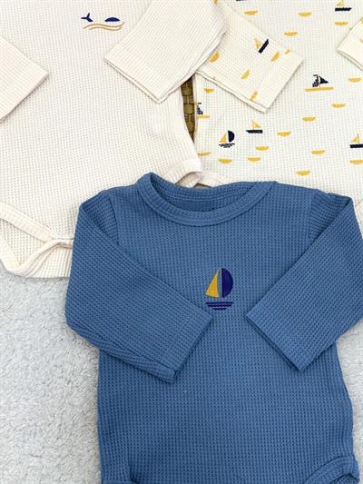 Yelkenli Desenli Waffle Kumaş Erkek Bebek 3lü Uzun Kollu Çıtçıtlı Badi (0-3/3-6 Ay)