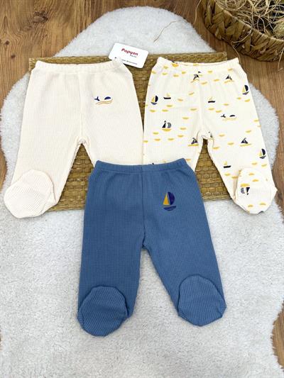 Yelkenli Desenli Waffle Kumaş Erkek Bebek 3lü Patikli Alt (0-3/3-6 Ay)