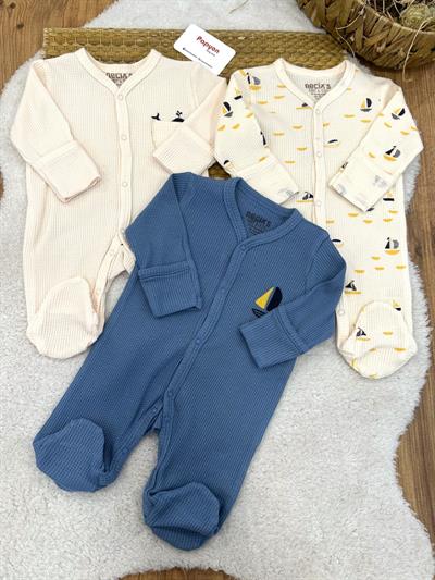 Yelkenli Nakışlı Waffle Kumaş Erkek Bebek 3lü Patikli Tulum Set (0-3/3-6 Ay)